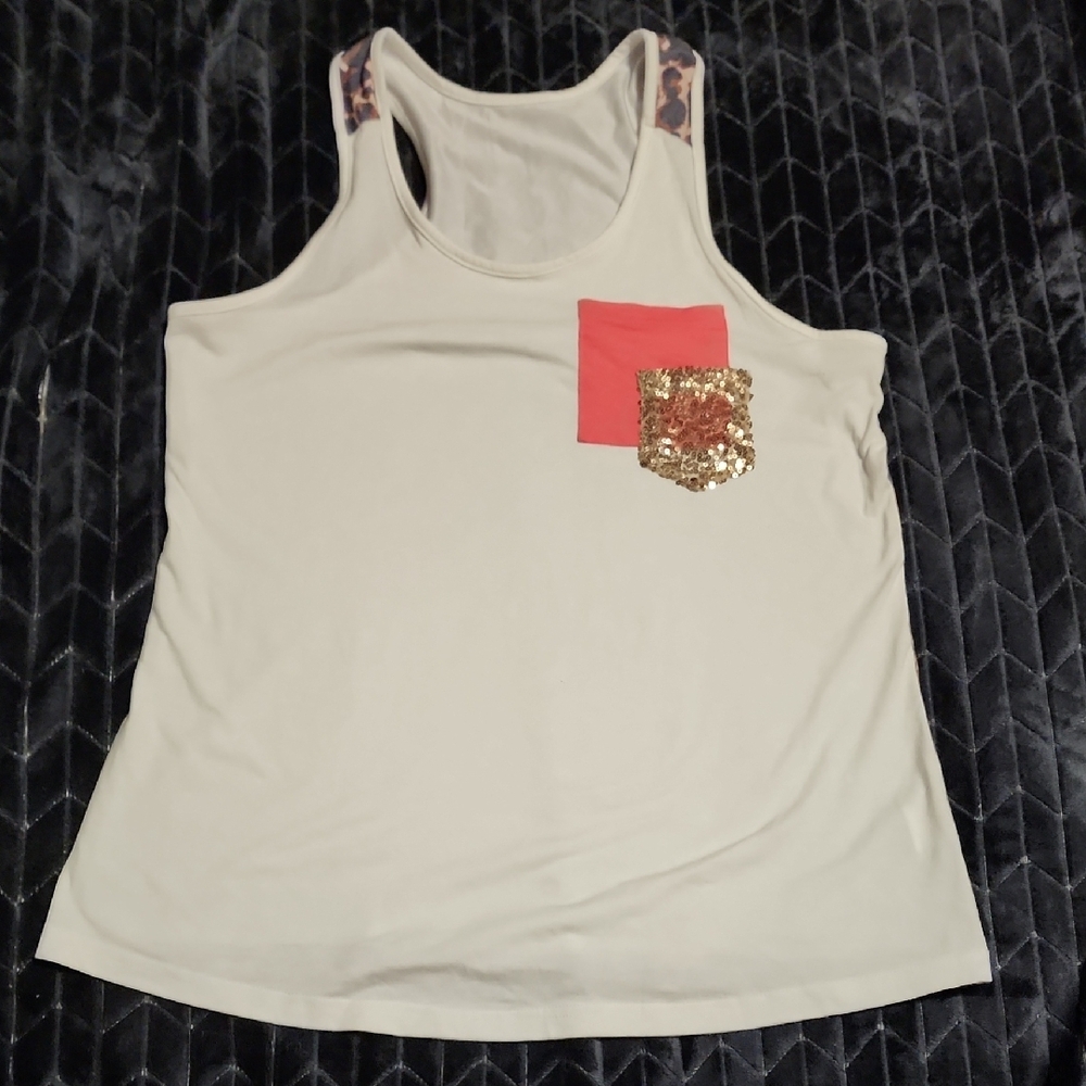 Cream and Pink Sleeveless Tank Top with Rounded Neckline
